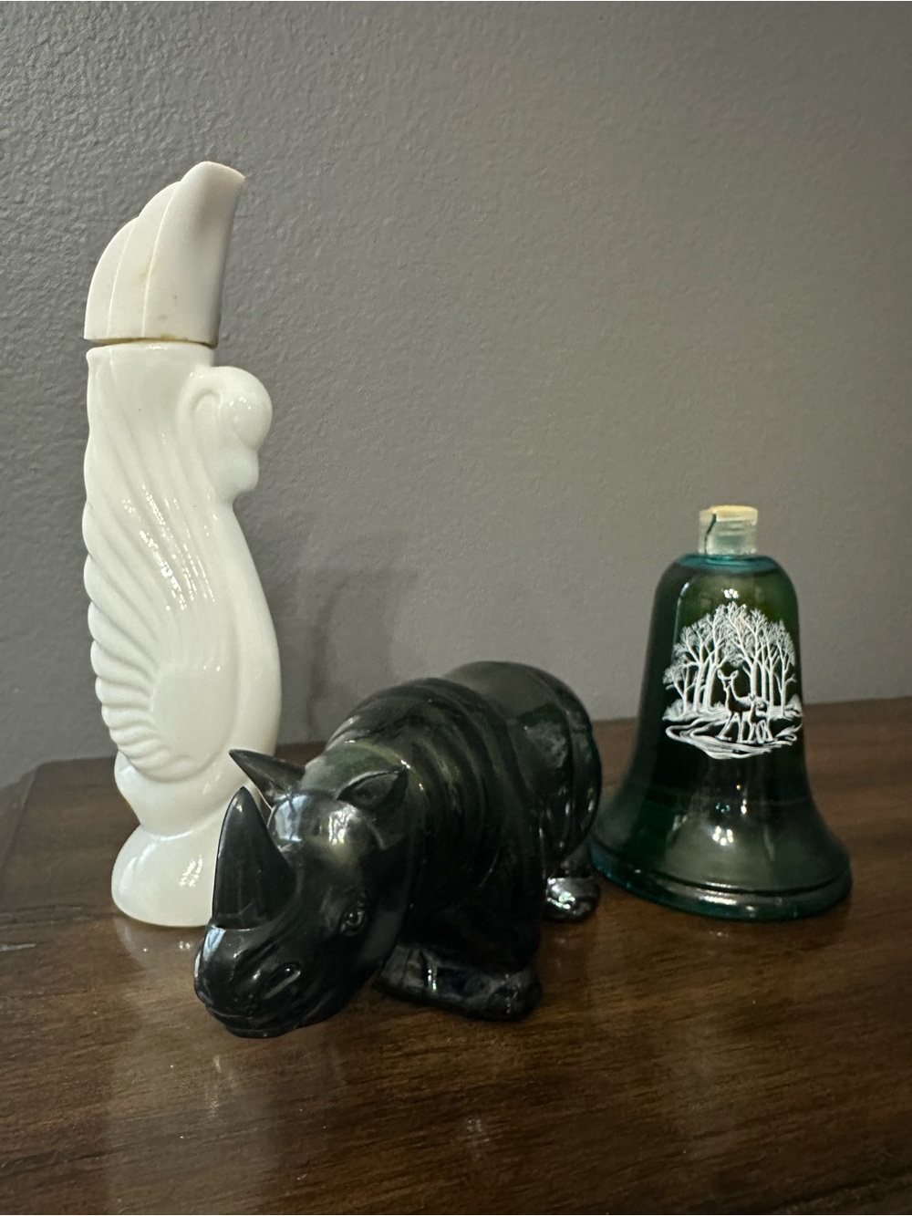 Set of 3 Vintage Avon Bottles, swan, rhino, and bell